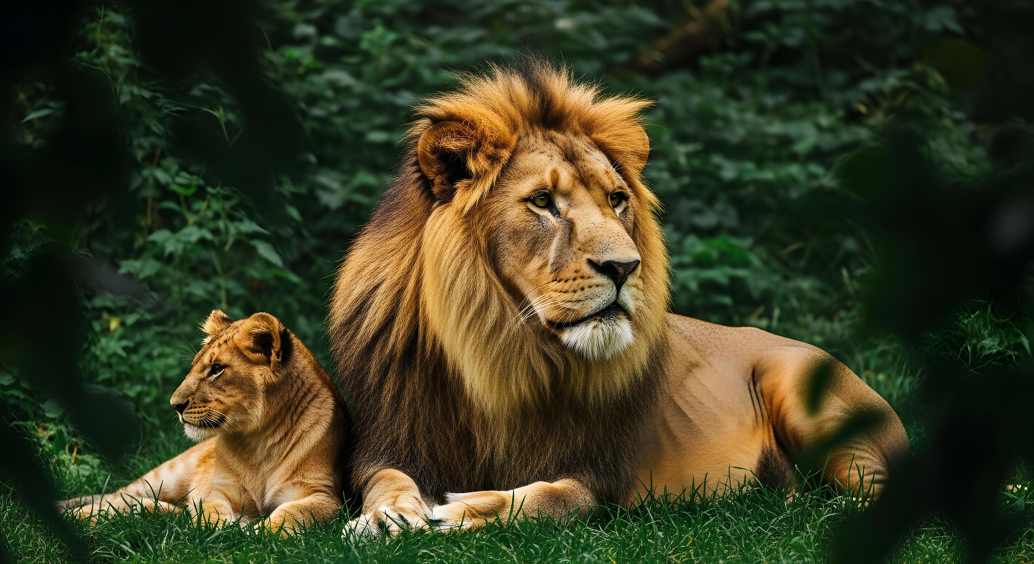 3593x1960 Male lion and lioness resting together in green forest