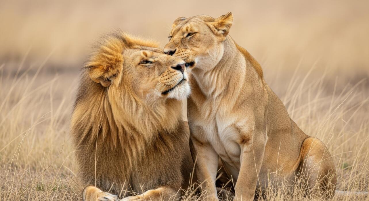 1283x700 Majestic lion and lioness share a tender moment in golden hour light