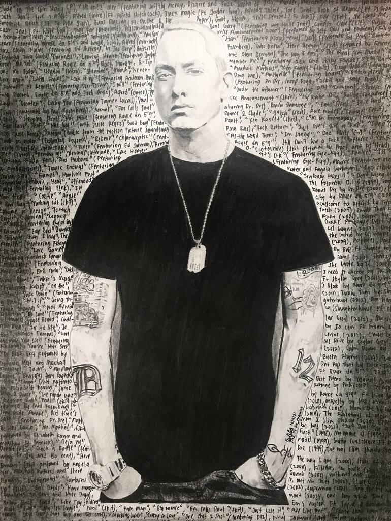 770x1026 Eminem Portrait X All Song From 1996 2021 Written On Background.8cm Original Pencil Unframed Drawing Hop Drawing By Arre Felzza