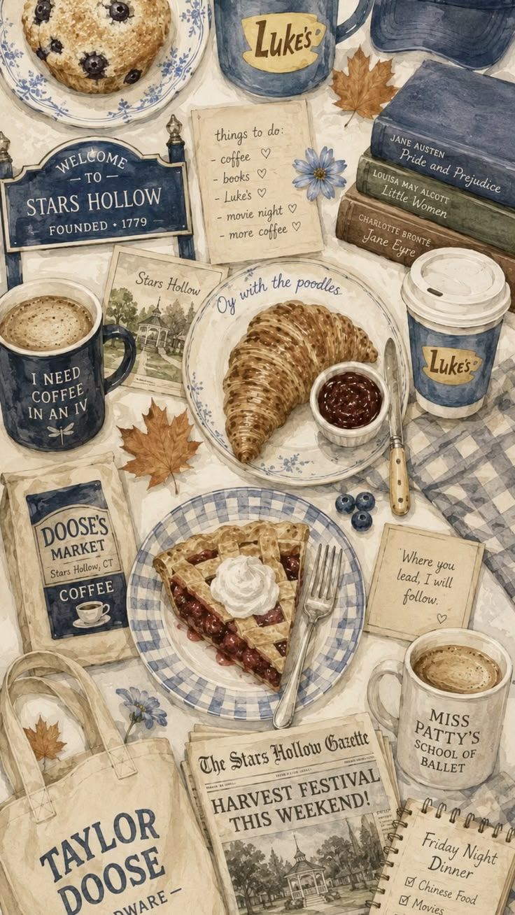 736x1308 Gilmore Girls Aesthetic Phone Wallpaper. Stars Hollow Cozy Fall Flat Lay