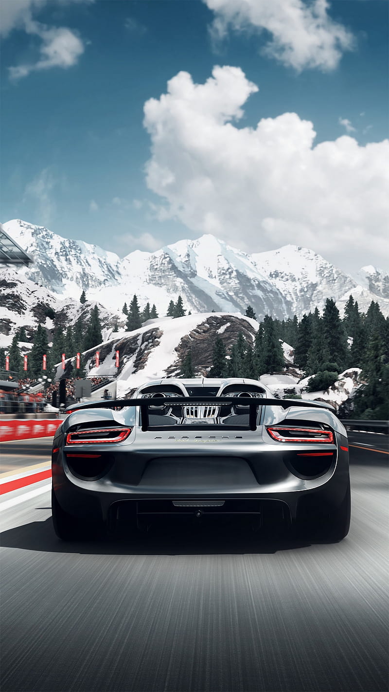 800x1422 Silver porsche, back, car, clouds, fast, german, mountain, road, super, HD phone wallpaper
