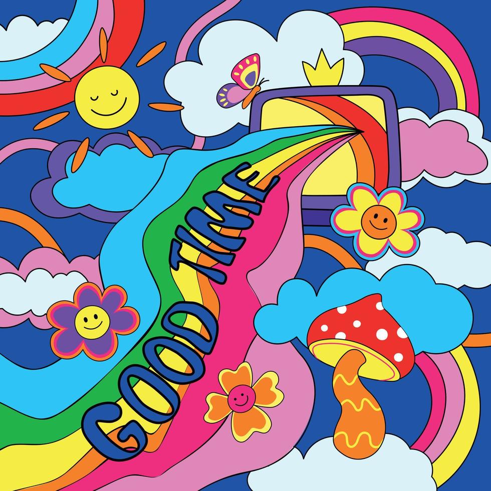 980x980 Cartoon Rainbow Kids poster 90s. Retro kidscore colorful background or poster with decorative elements. Good time retro vibe 90s and y2k style