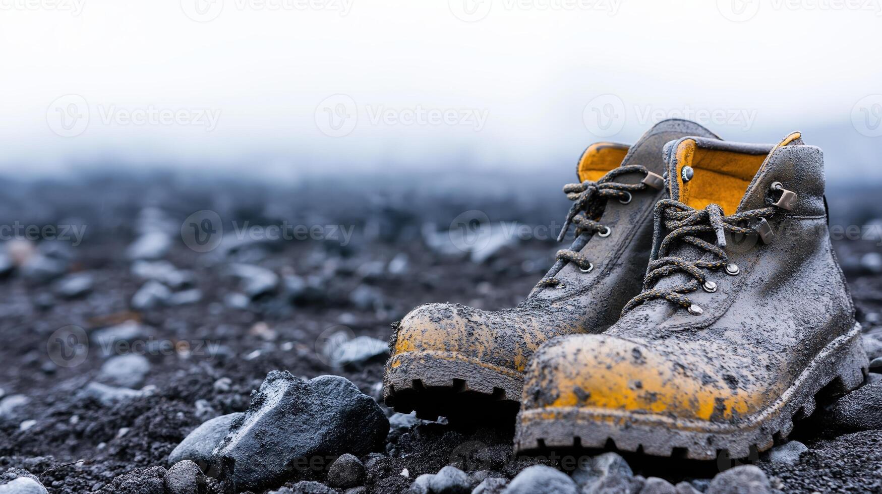 1749x980 Worn Brown Work Boots Sitting on a Rocky Surface with Dirt and Gravel in Nature Landscape Background