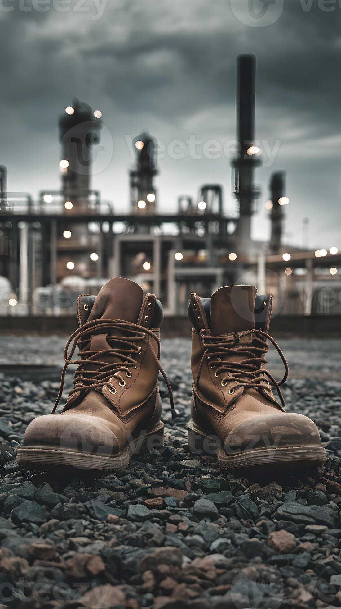 1100x1960 Worn boots against refinery backdrop symbolize industrial resilience Vertical Mobile Wallpaper