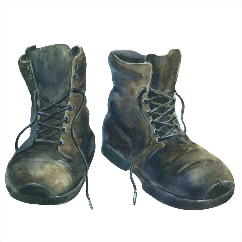 980x980 Watercolor Vector Illustration Vintage Black Boots For Hiking On White Background. Military Army Protective Shoe. Creative Hand Drawn Clipart For Shop Card Sticker, Wallpaper, Sketchbook