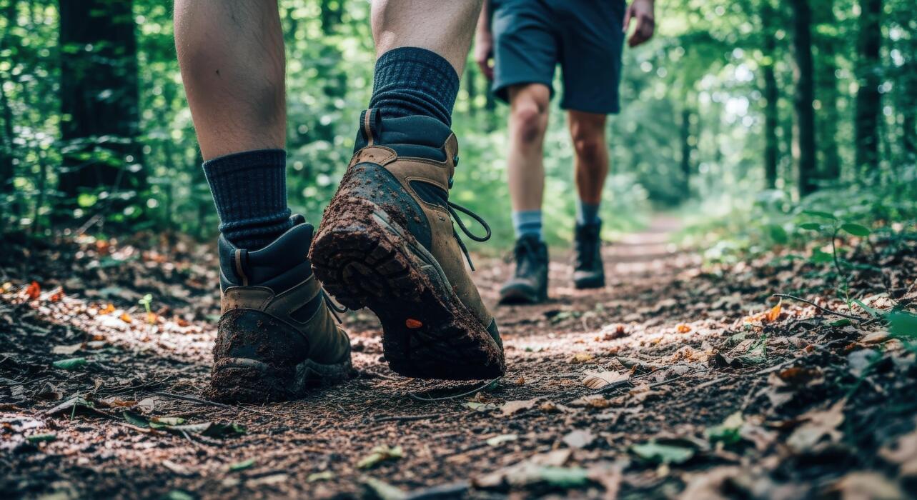1283x700 Hiking Boots on a Forest Trail Outdoor Adventure and Healthy Lifestyle