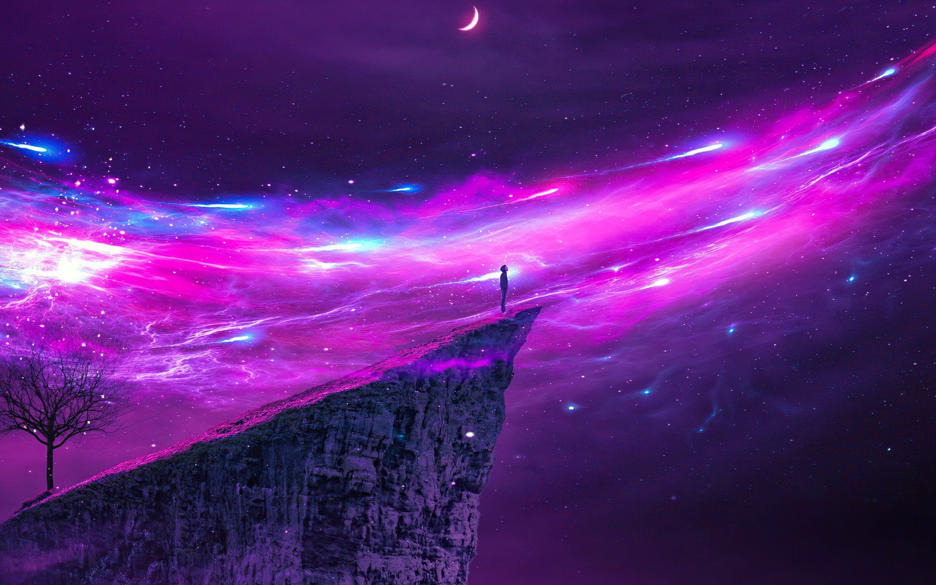 1920x1200 Solitary Journey: Man Alone Beneath a Cosmic Sky