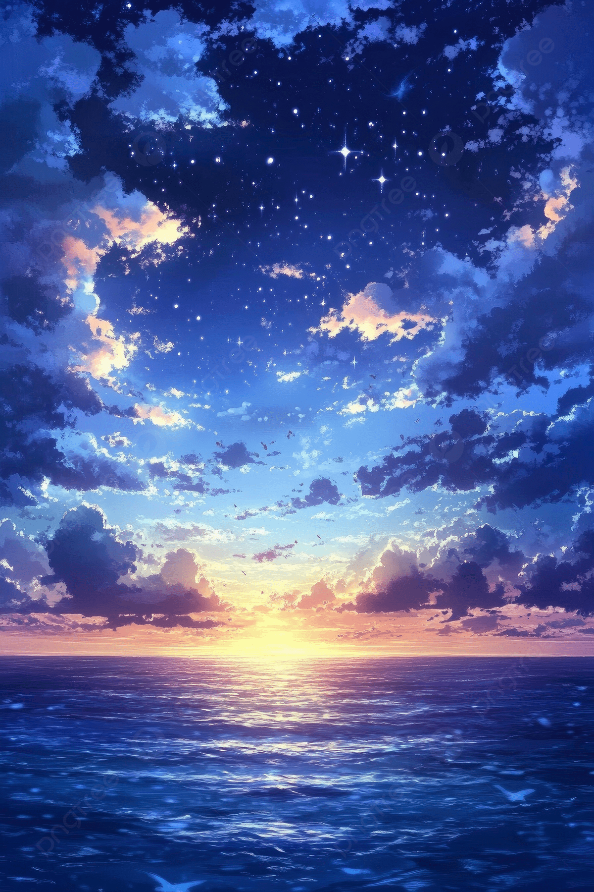 1200x1800 A Beautiful Sky With Stars And Clouds In Blue And Purple With Endless Ocean At Dusk Background Wallpaper Image For Free Download