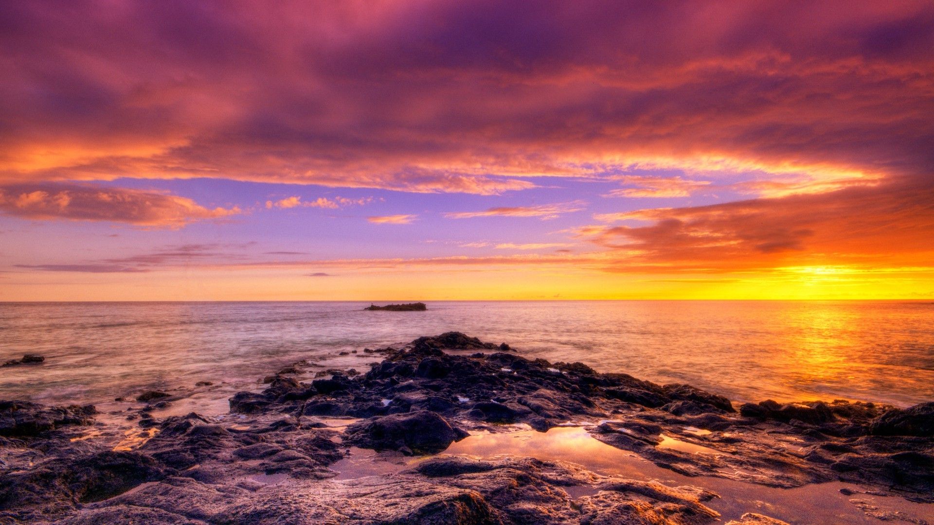 1920x1080 landscape, Nature, Sunset, Clouds, Sea, Rock, Reflection, Water, Coast, Sky Wallpaper HD / Desktop and Mobile Background