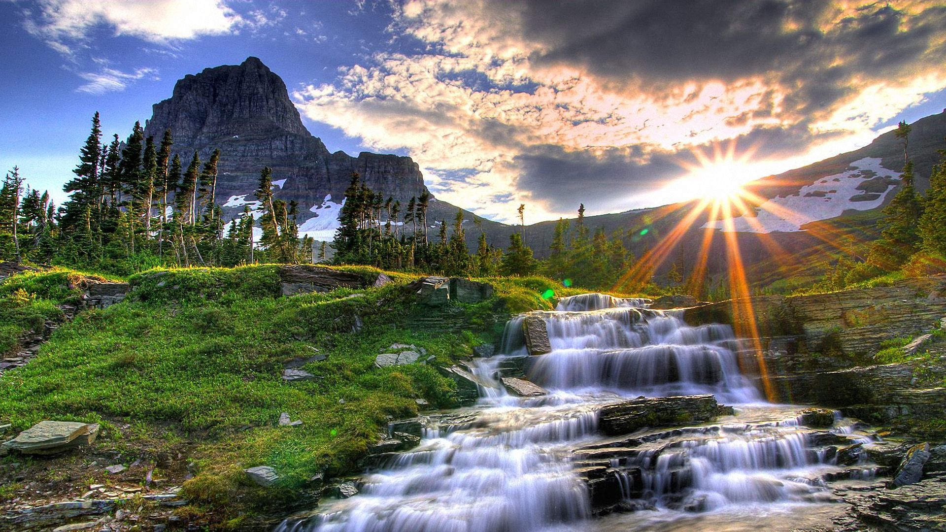 1920x1080 View Of Mountain Grass Water Stream With Background Of Blue Sky And Clouds During Sunset HD Nature Wallpaper
