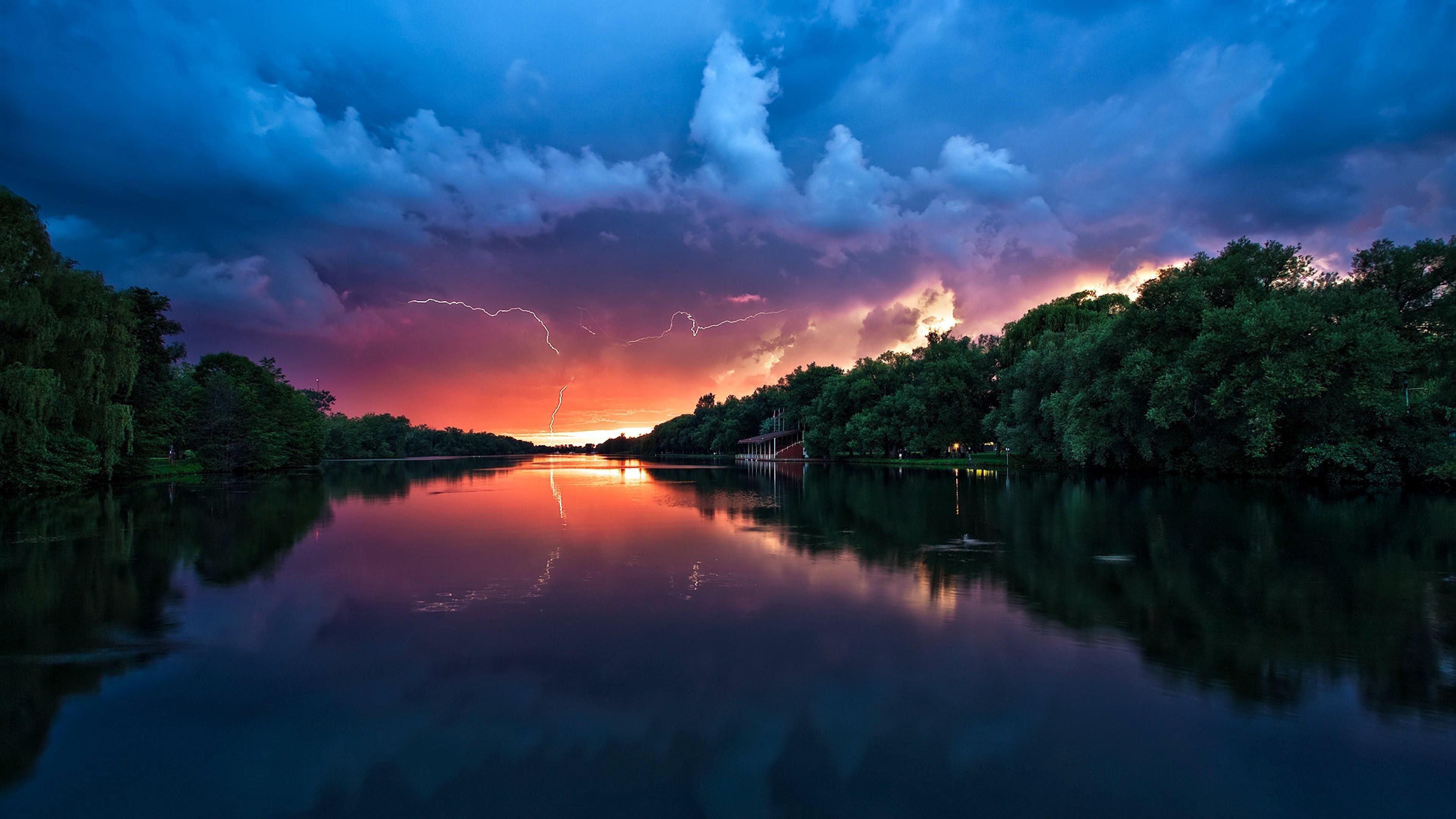 3840x2160 Wallpaper Green Trees Beside Body of Water Under Blue Sky and White Clouds During Daytime, Background Free Image