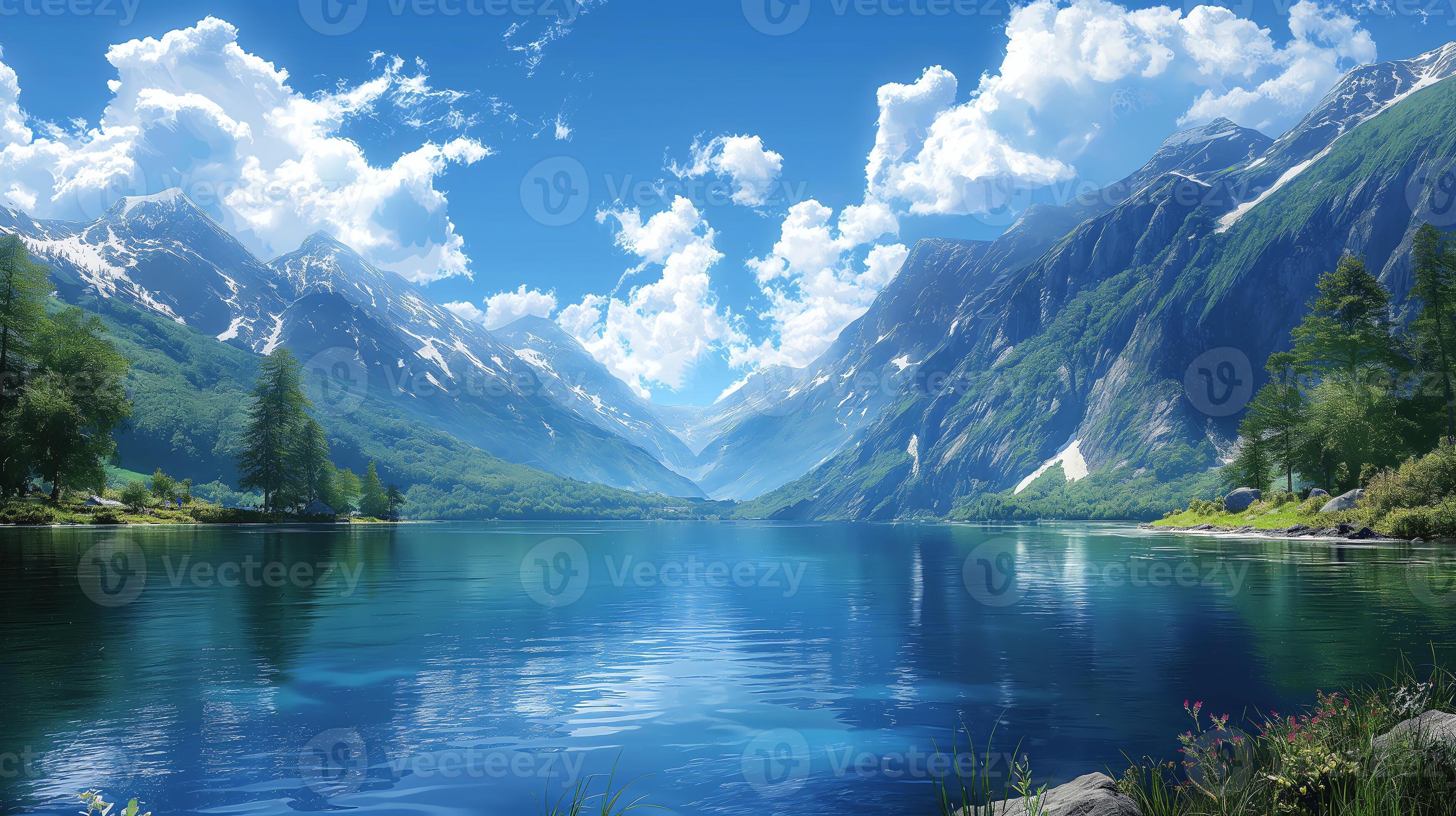 3497x1960 The image features a river flowing over rocks, with a waterfall and a lush forest in the background. The sky is blue with white clouds, and the sun is shining brightly 44575942
