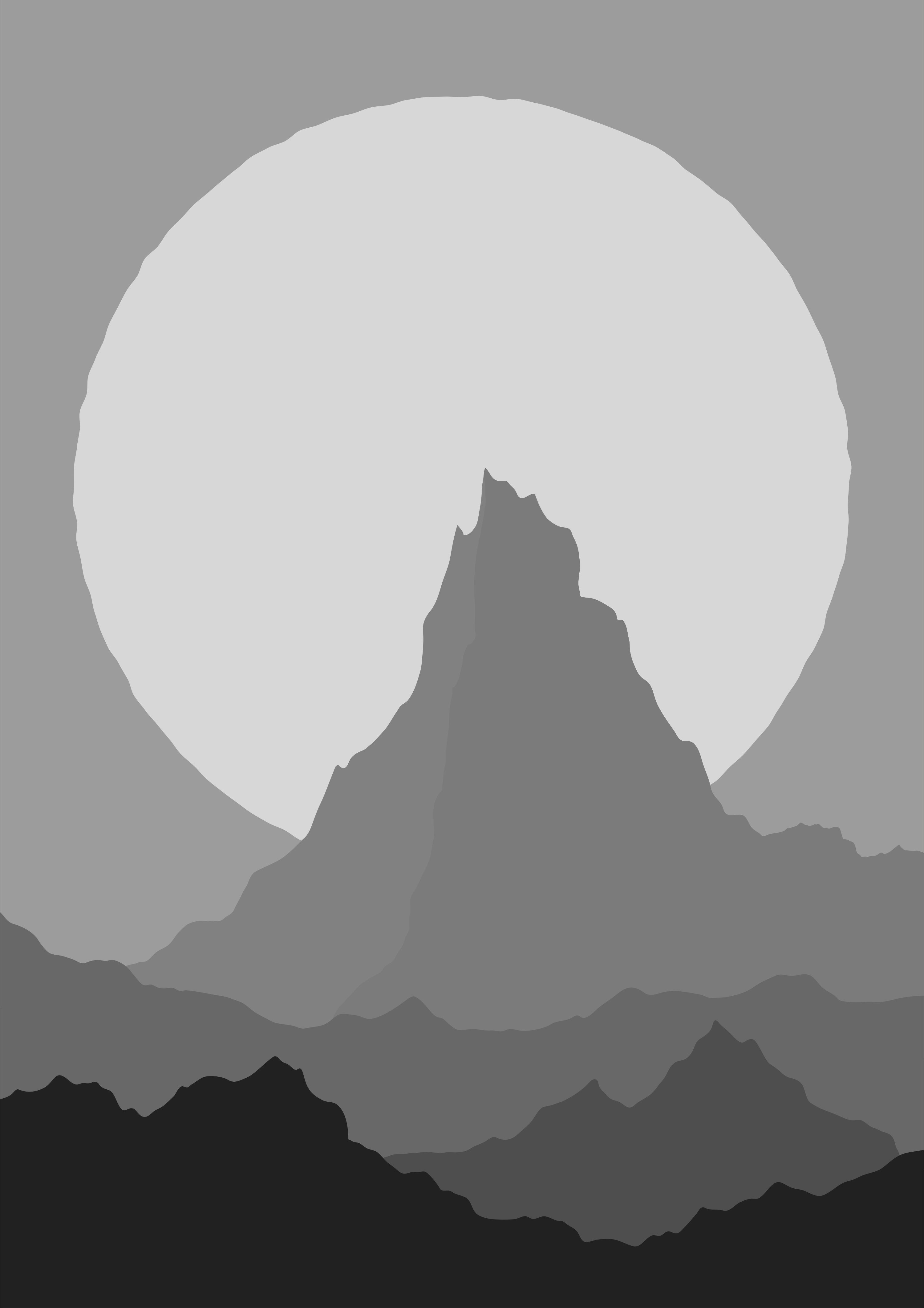 3000x4242 Stylized grayscale mountains under a large, bright full moon Vector Illustration