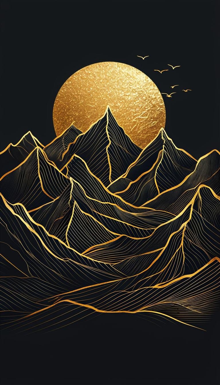 768x1344 Minimalist Black and Gold Mountain Landscape Illustration Mobile Wallpaper
