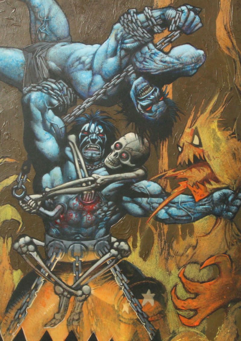 800x1134 SIMON BISLEY Original Art, LOBO vs HIMSELF, NM+, Skeleton, Demon, Chained