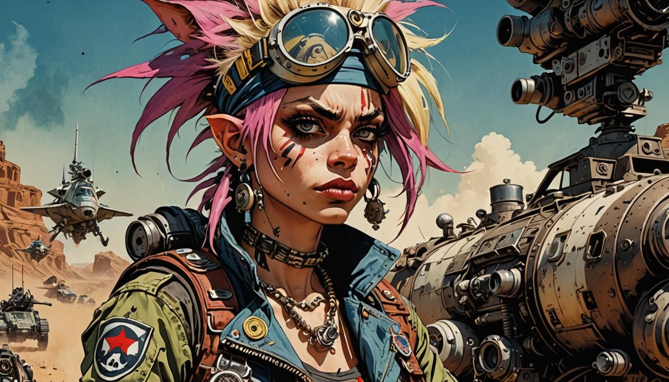 1344x768 Jamie Hewlett's Tank Girl as an anarchic punk beautiful female wild west style space explorer, Illustrated and coloured by Simon Bisley, me