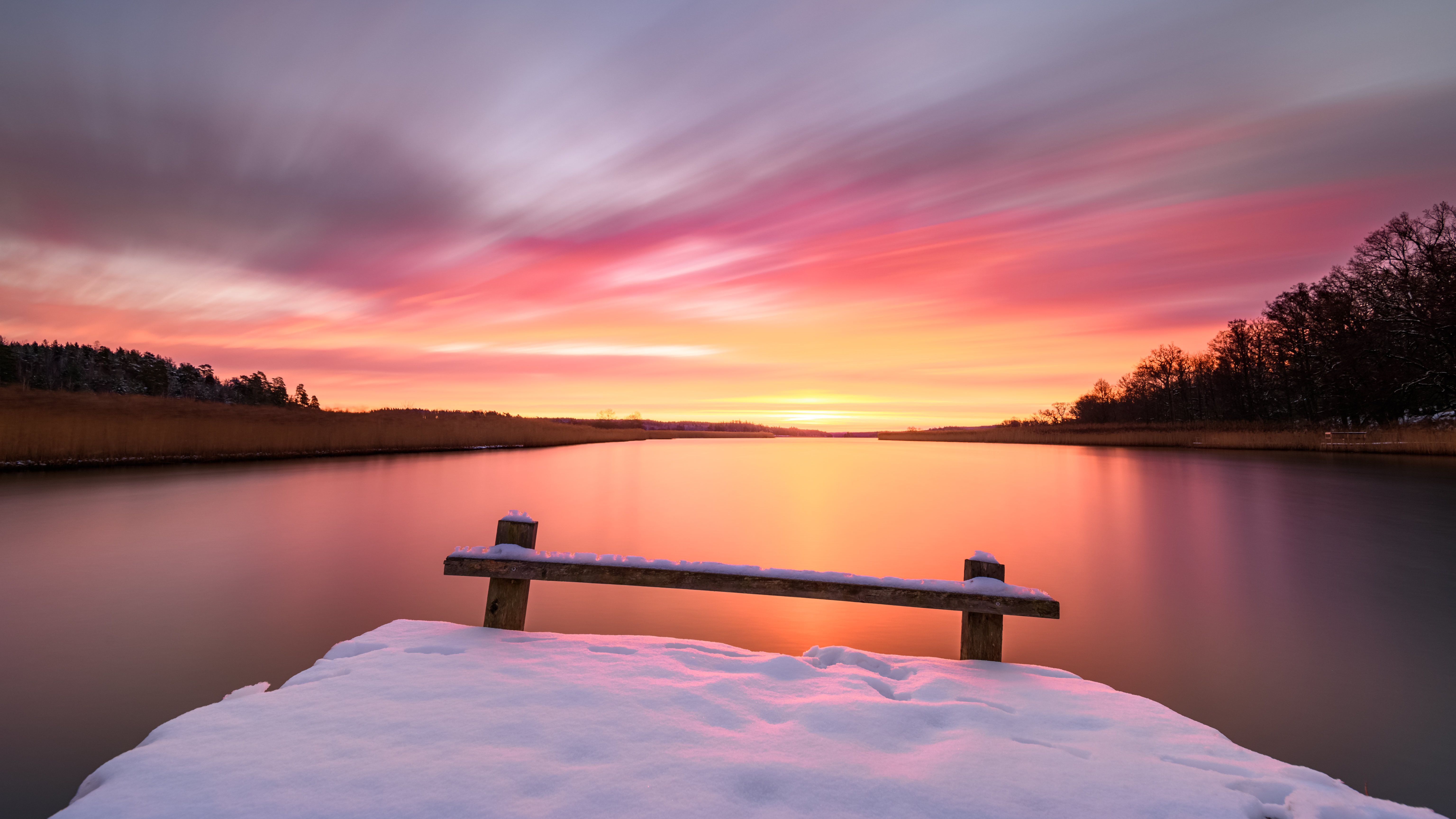 6144x3456 Red Sky Morning Winter Snow Bench 5k Wallpaper, HD Nature Wallpaper, 4k Wallpaper, Image, Background, Photos and Picture