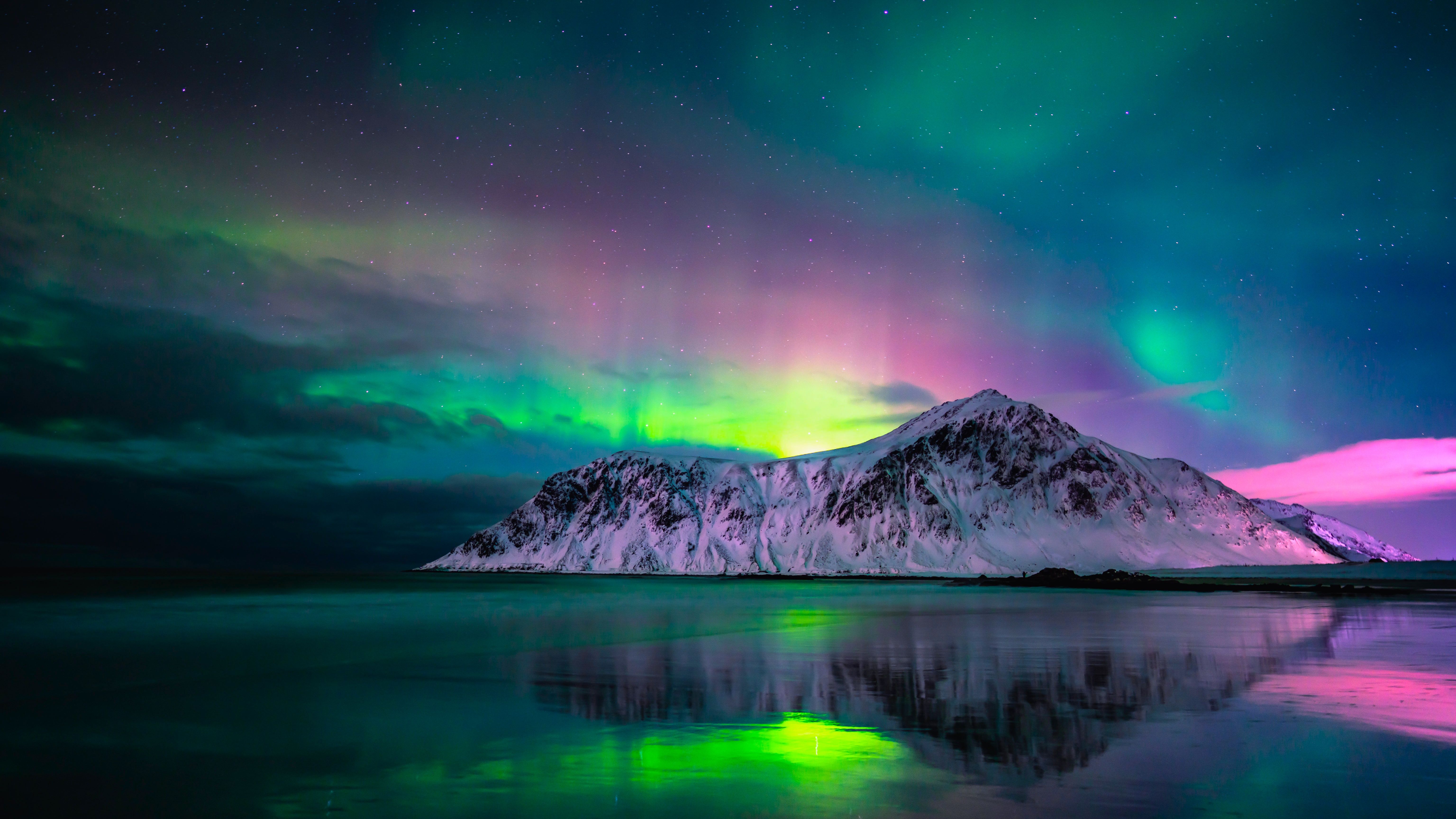 6144x3456 Wallpaper stars, snow, clouds, aurorae, starscap, lights, reflection, mountains for mobile and desktop, section пейзажи, resolution 6144x3456