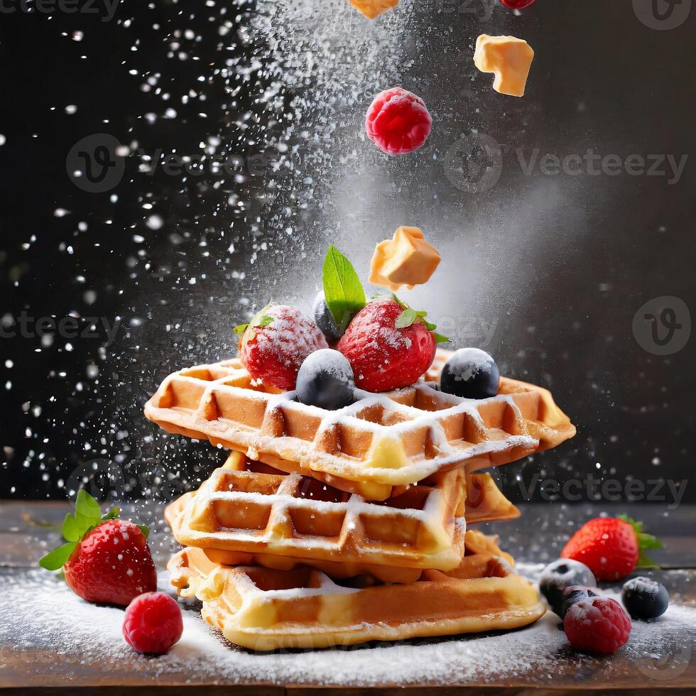 980x980 Belgium waffles with berries and sugar powder is falling from up