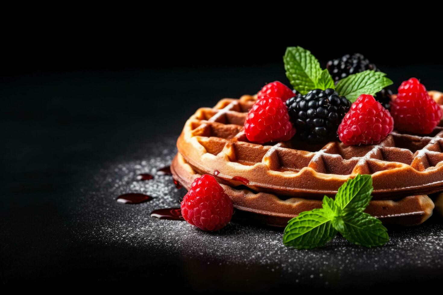 1470x980 Delicious Belgian Waffles dark background with empty space for text