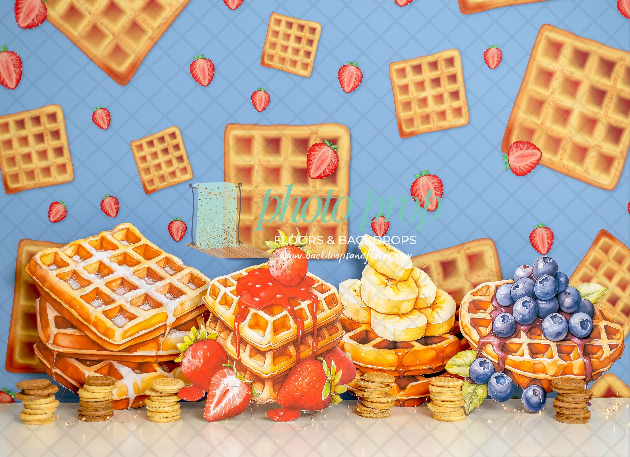 2048x1487 Waffle Smash Photography Backdrop, Breakfast Smash, Waffles and Strawberries, Waffles and Blueberries, Waffles and Bananas, Breakfast