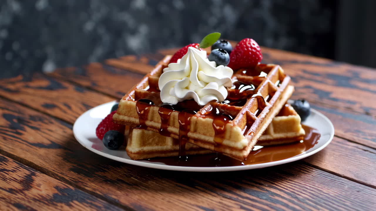1280x720 Belgium waffles with strawberries and ice cream on white plate