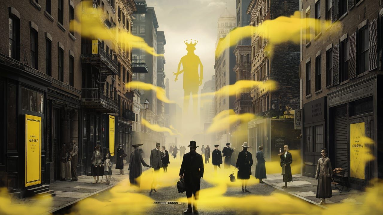 1280x720 1920s new york, a yellow mist changes the buildinga nd people into the lost city of carcosa: the king in yellow, the yellow sign, lovecraft