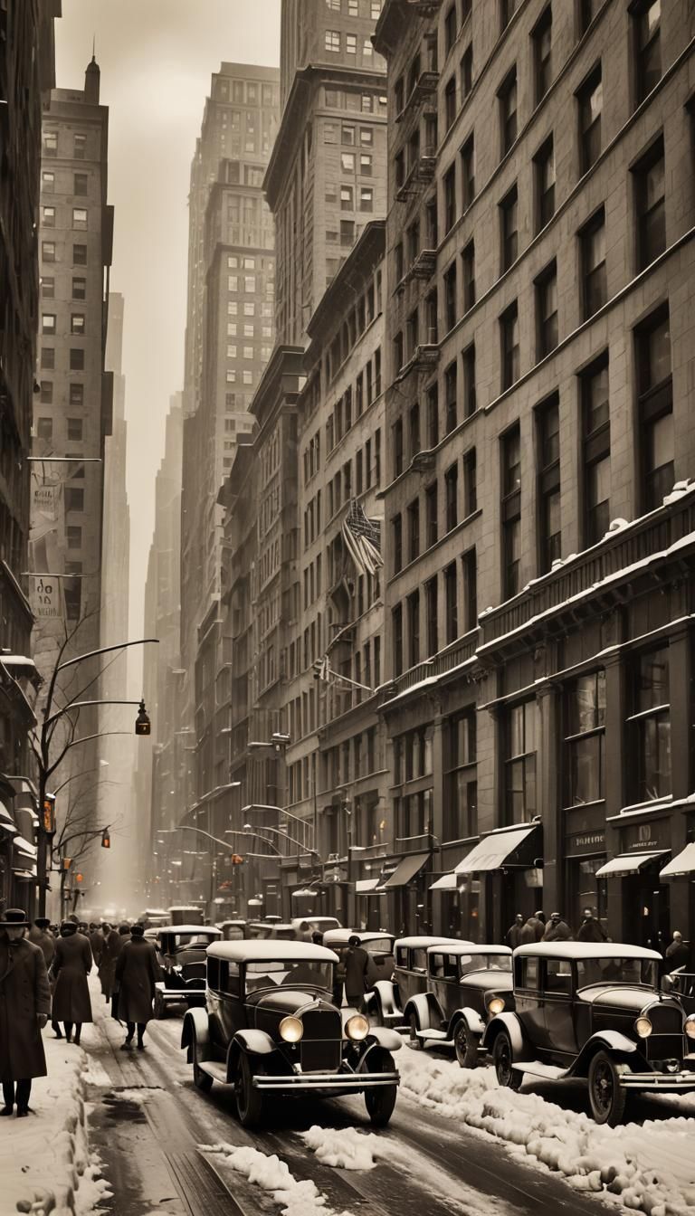 768x1344 Winter 1920 New York street scene, old cars, Art Deco skyscrapers, people dressed in warm clothes, sepia tone Epic cinematic brilliant stunn