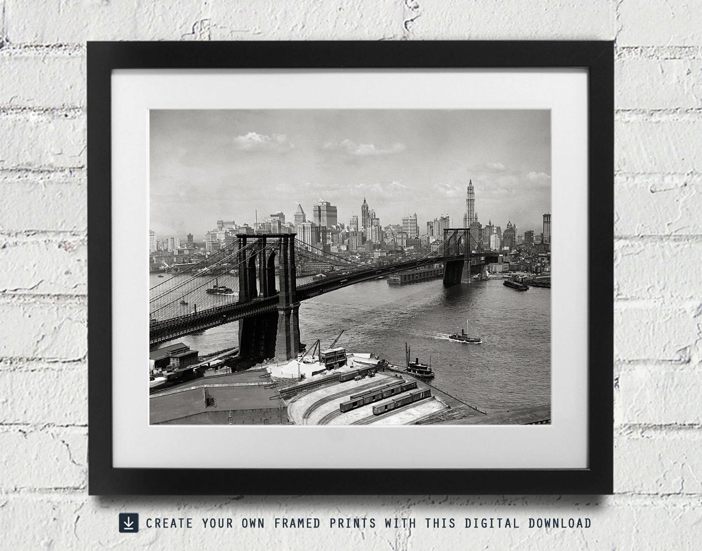 1400x1100 Brooklyn Bridge & New York Skyline, 1920. Digital Photo Download. Vintage Black and White Photograph. Manhattan, City, 1920s, 20s