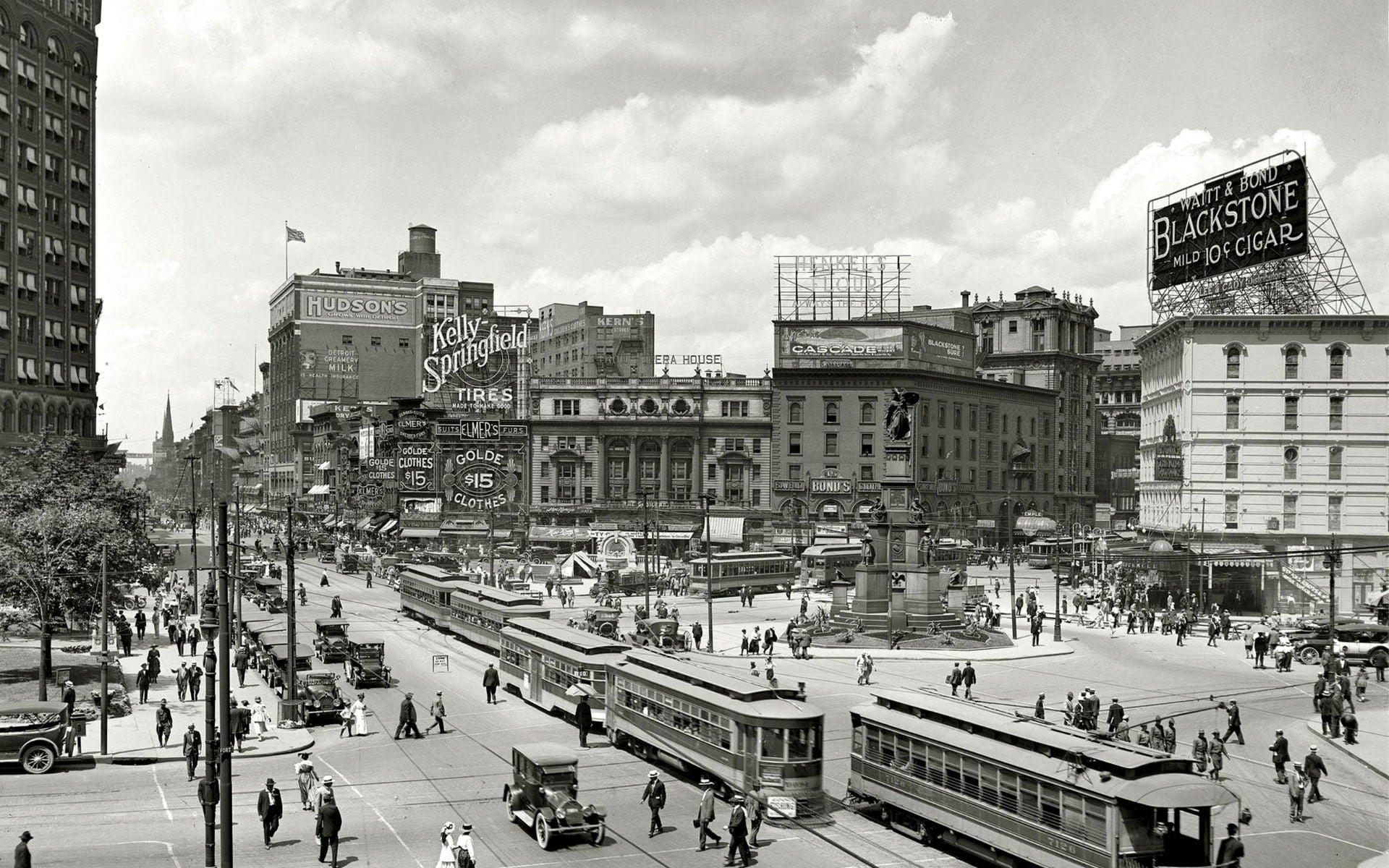 1920x1200 Greyscale photo of city square, Detroit, city, USA HD wallpaper