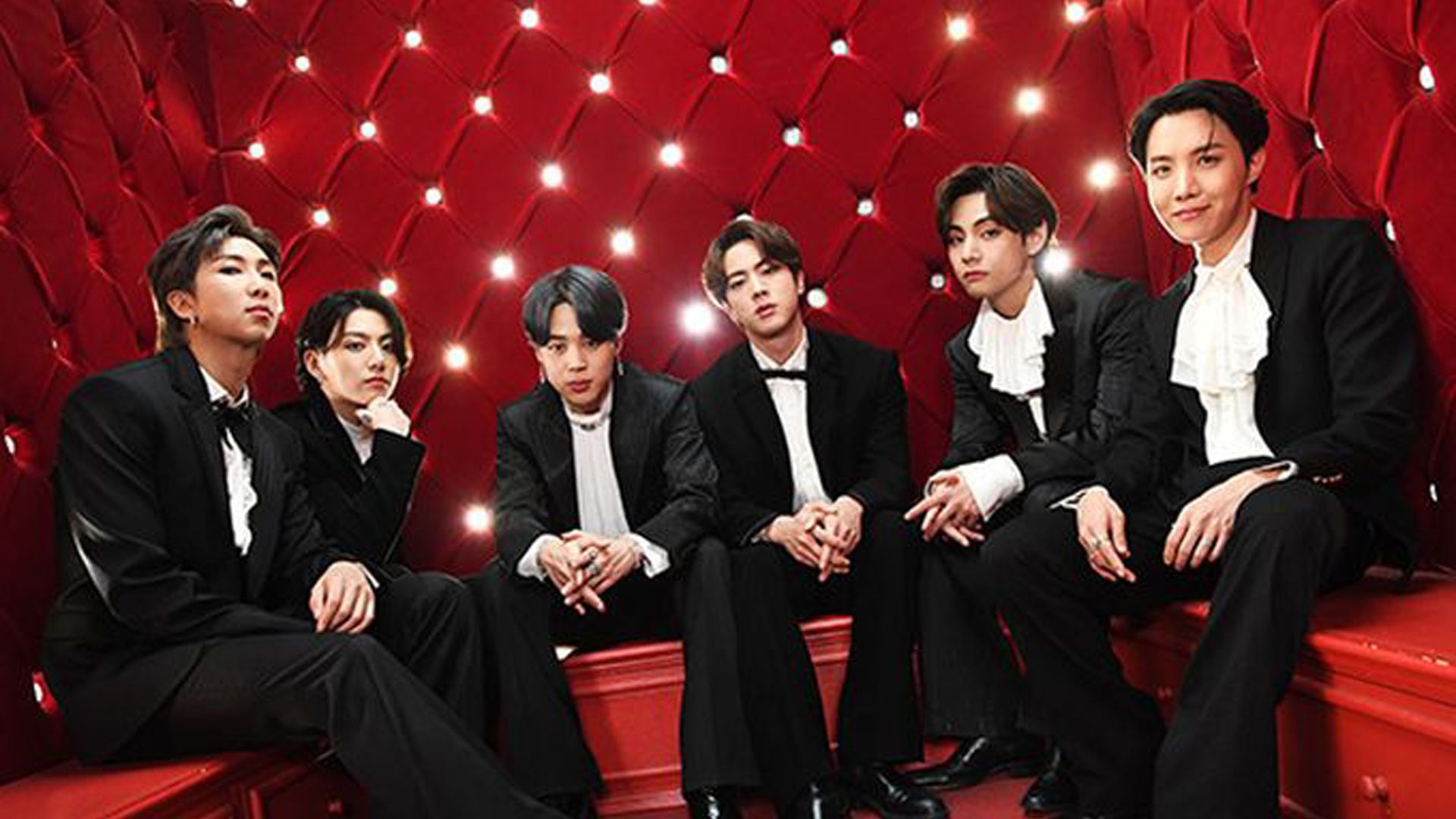 1920x1080 V Jungkook Suga Jin RM J Hope Park Ji Min Are Wearing White Black Coat Suit Sitting In Red Background HD BTS Wallpaper