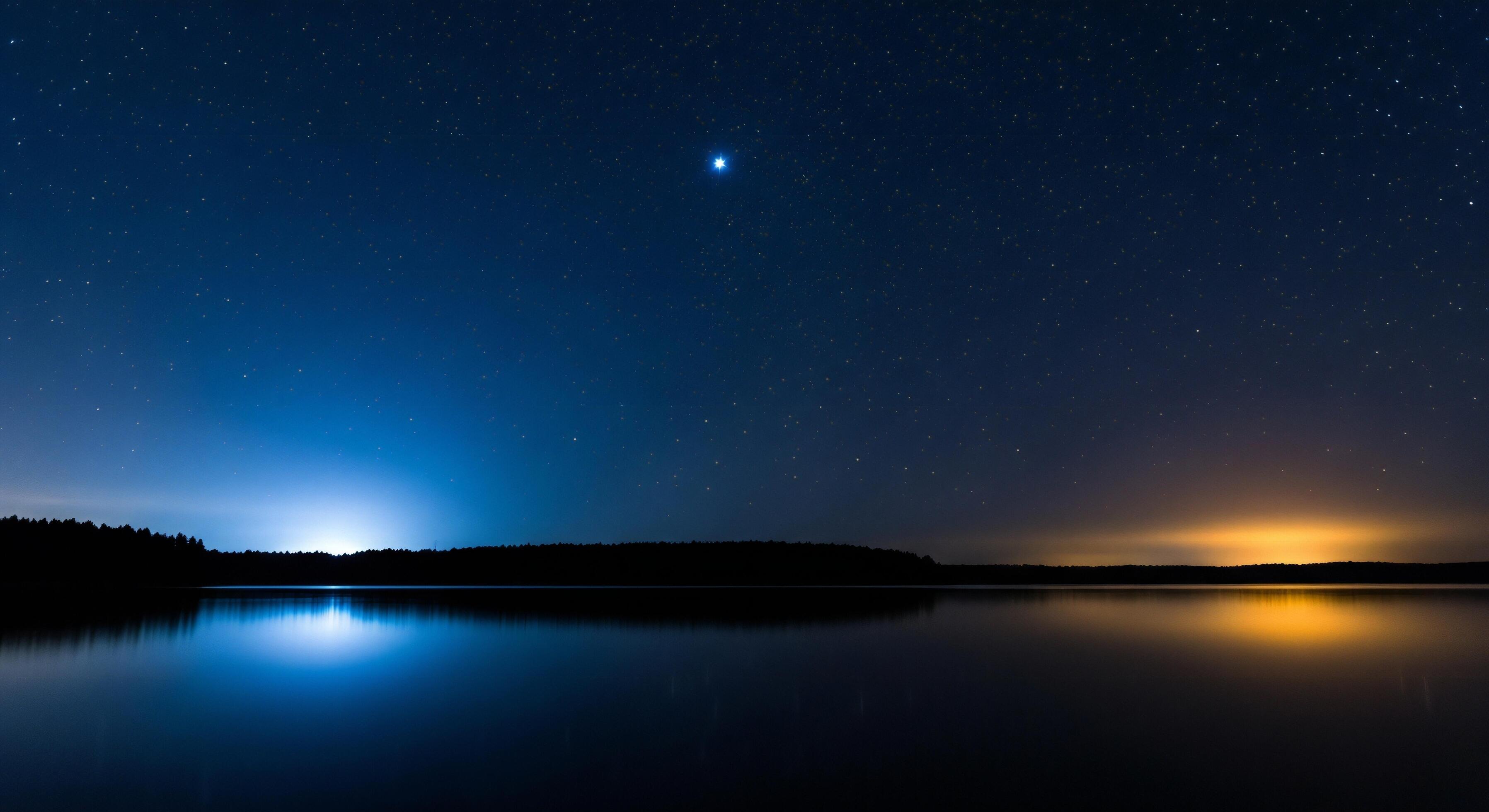 3593x1960 Nature background, Nature wallpaper, Vast starry night sky over a tranquil lake with glowing lights on distant horizons