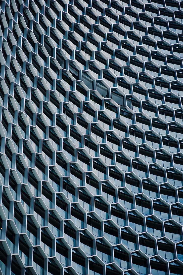 728x1091 HD wallpaper: blue and grey pattern, facade, architecture, building, hexagons