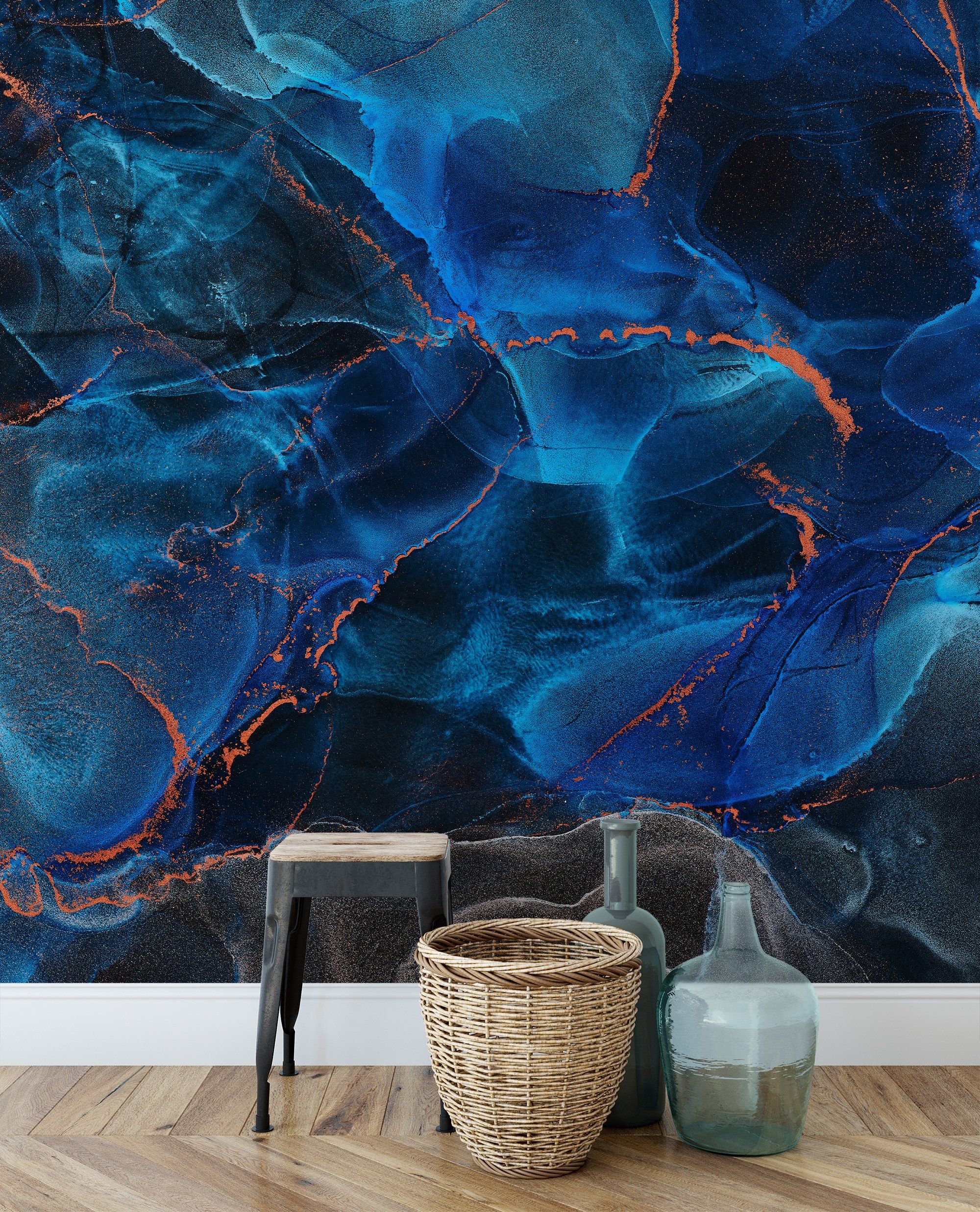 2000x2473 Negative Effect Alcohol Ink Art Marble Wallpaper, Dark Blue And Copper Peel & Stick Wall Mural