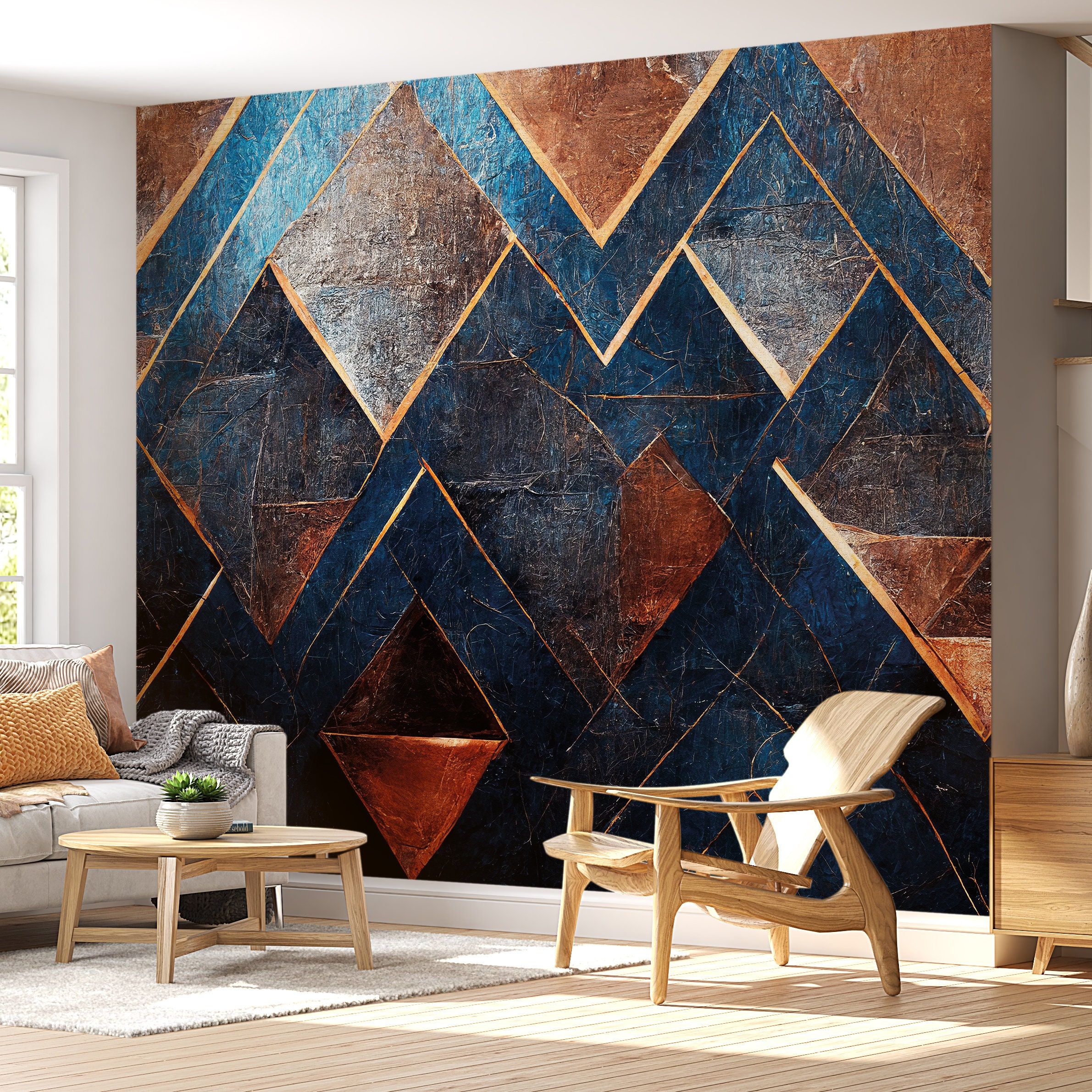 2381x2381 Blue and Copper Geometric Wallpaper: Art Deco Peel & Stick Mural