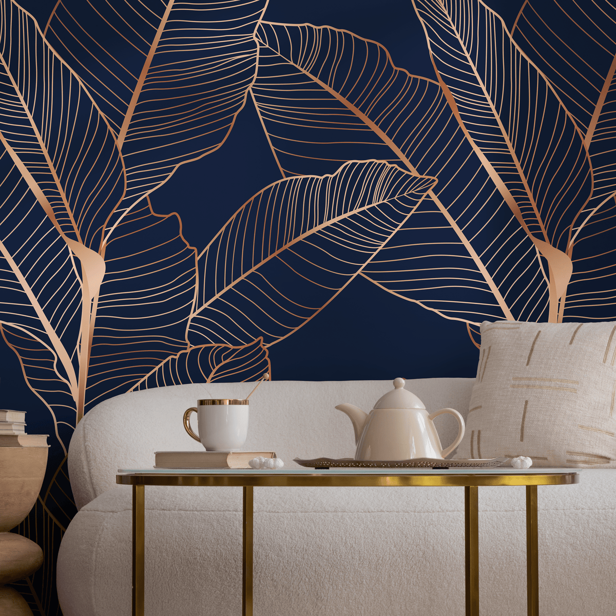 1200x1200 Botanical Wallpaper with an Elegant Leaf Motif in Navy Blue and Gold roll: 24w x 76h / Canvas: Peel and Stick