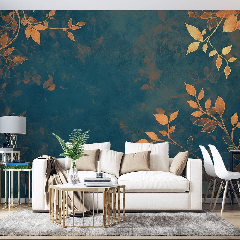 1000x1000 Foliage Mural Wallpaper. Blue and Copper