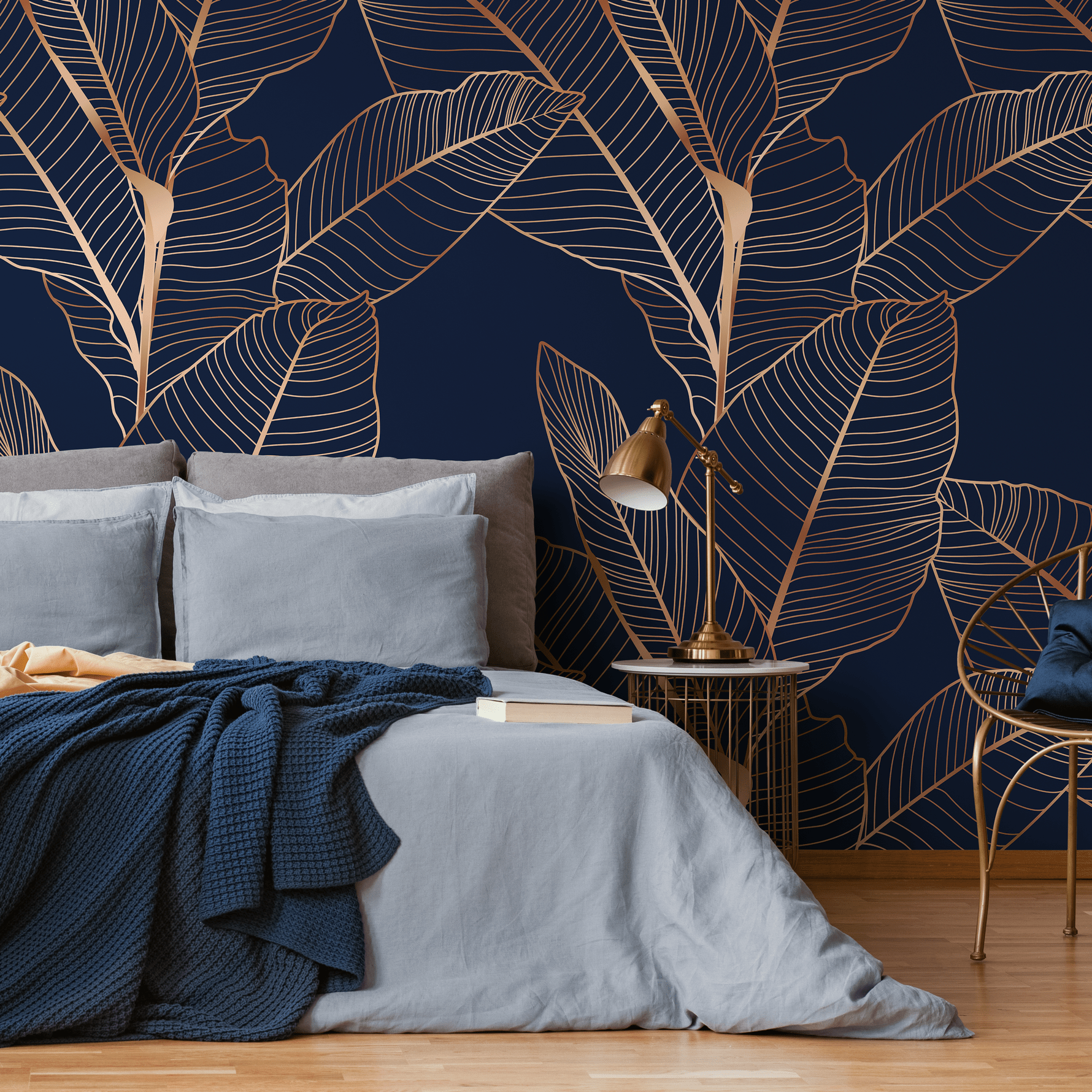 1780x1780 Botanical Wallpaper with an Elegant Leaf Motif in Navy Blue and Gold roll: 24w x 100h / Canvas: Peel and Stick