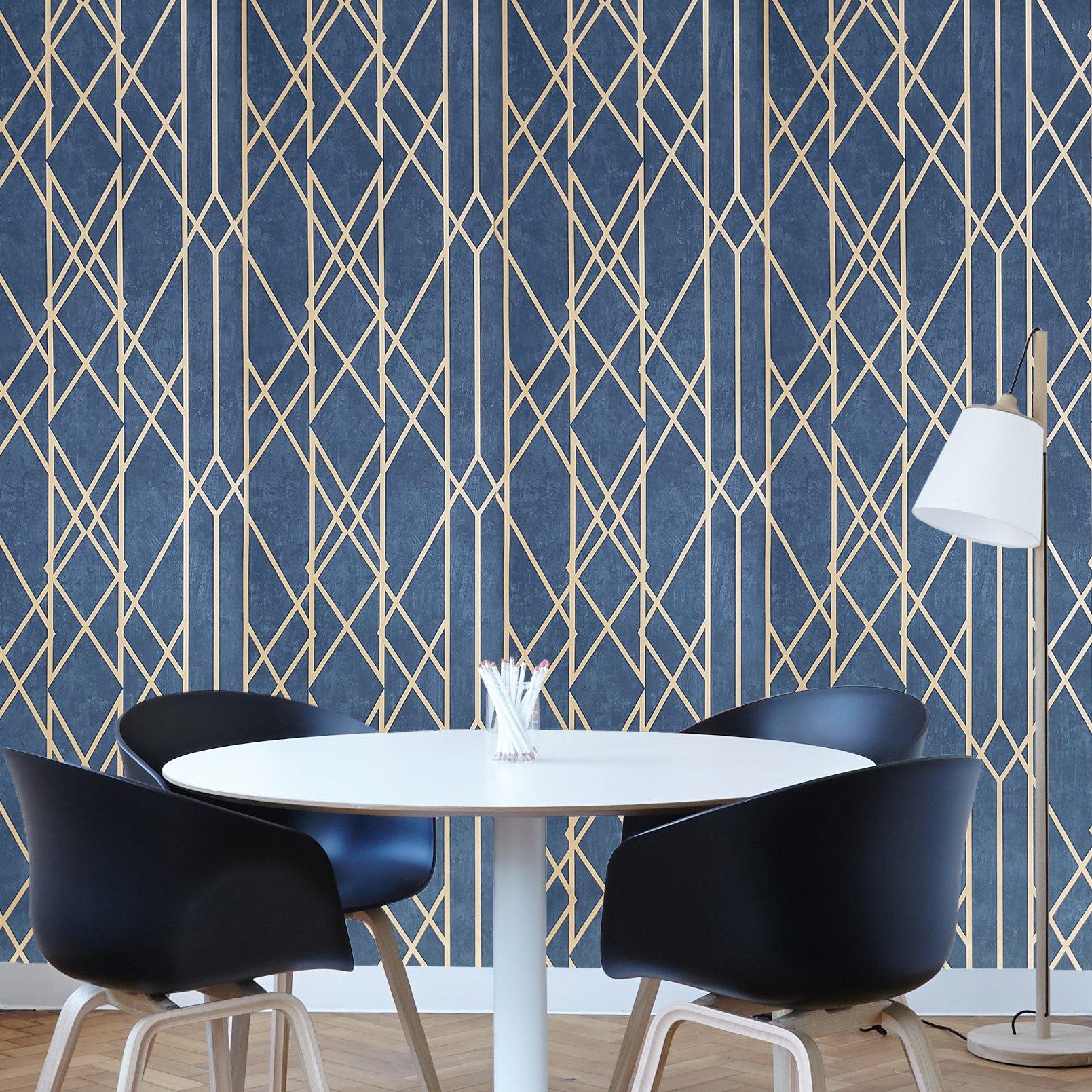 1609x1609 WM21514401 Wallpaper navy Blue bronze metallic geometric lines Modern
