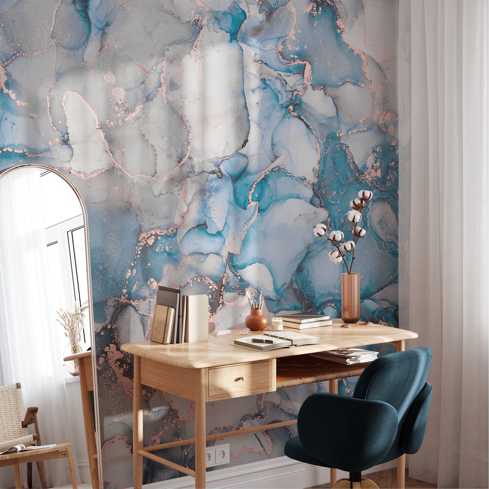 2000x2000 Blue And Grey Copper Alcohol Ink Art Marble Wallpaper, Cool Blue Marble Peel & Stick Wall Mural