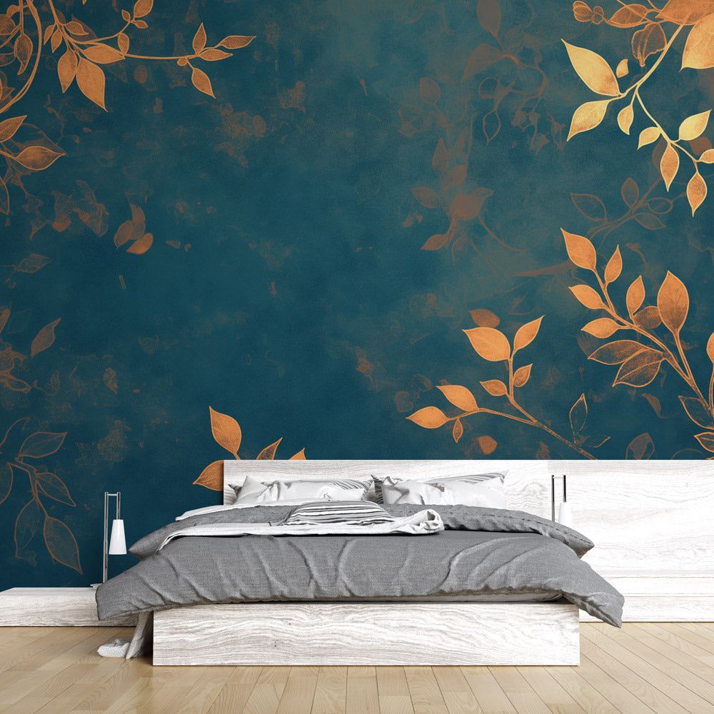 1000x1000 Foliage Mural Wallpaper. Blue and Copper