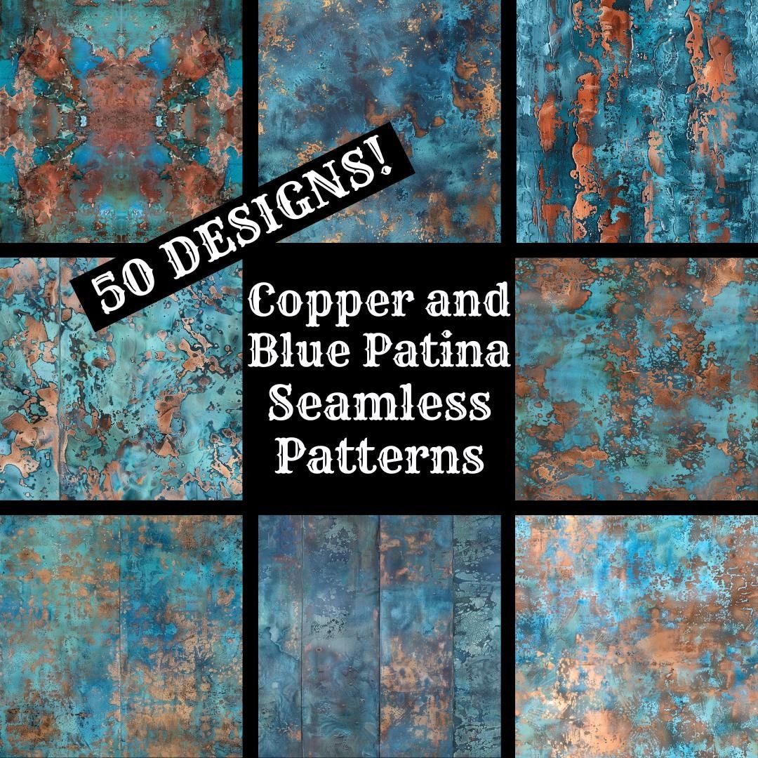 1080x1080 Copper & Blue Patina Seamless Textures: 50 Digital Papers (Digital Download)