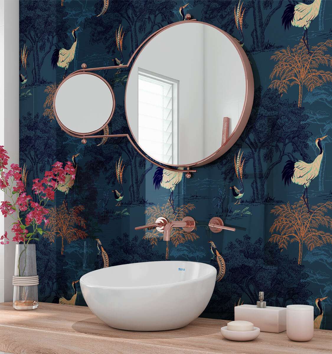 1125x1200 Japanese Oriental Birds Copper Navy Acrylic Shower Wall Panel