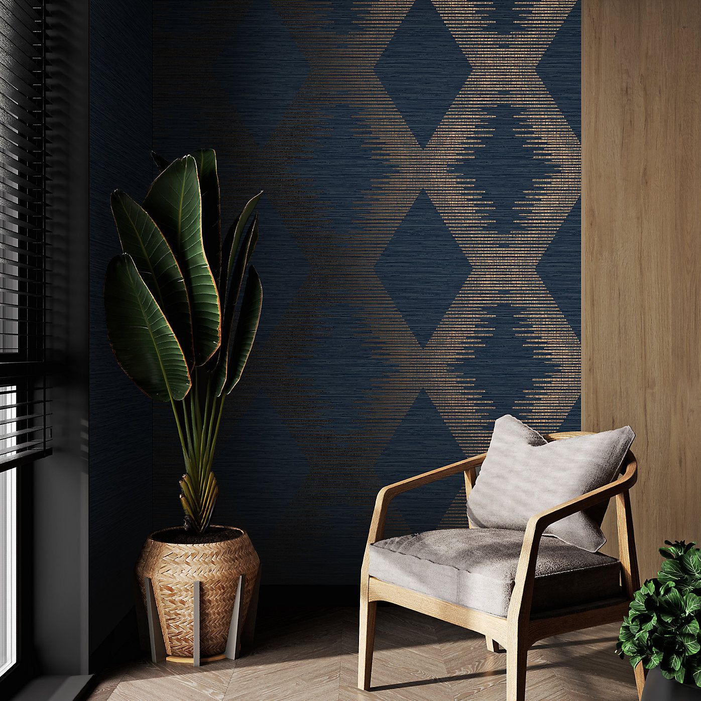 1396x1396 Graham & Brown Serenity Geometric Navy & Copper Wallpaper 120721