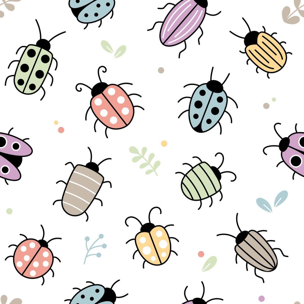 980x980 Cartoon Style Bugs Seamless Pattern, Background. Simple Cute Hand Drawn Kids Illustrations, Doodles