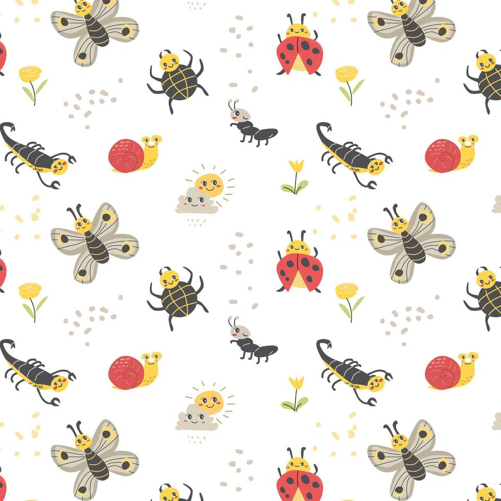 980x980 cute lady bug and spider, snail insects background. Vector illustration can used for wrapping paper, textile, summer decoration, wallpaper