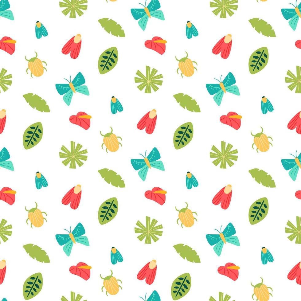 980x980 Bug and butterfly pattern. Summer tropical insects seamless pattern. Jungle bugs and butterflies background. Tropical leaves flowers Exotic summer vector illustration, print, wallpaper textile design