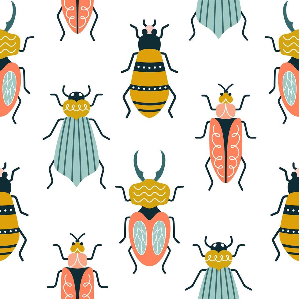 980x980 Multicolored bugs on a white background in art deco style. Seamless vector pattern with ants