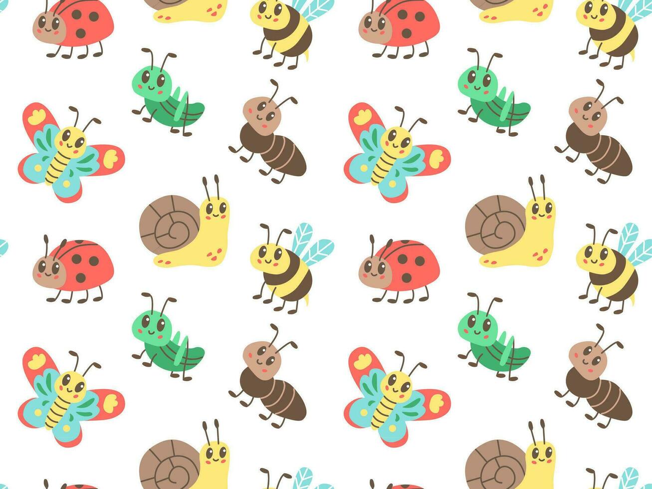 1307x980 Cute insect Babies seamless pattern. Carton doodle style, Funny bugs illustration on white background. Flat vector illustration