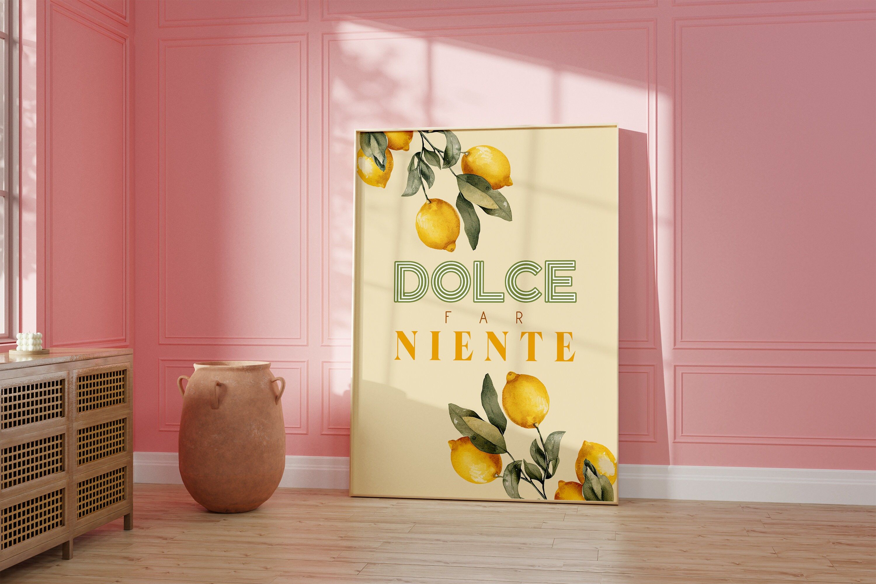 3000x2000 Dolce Far Niente Lemons Poster: Italian Quote, Yellow & Sage Green Wall Art